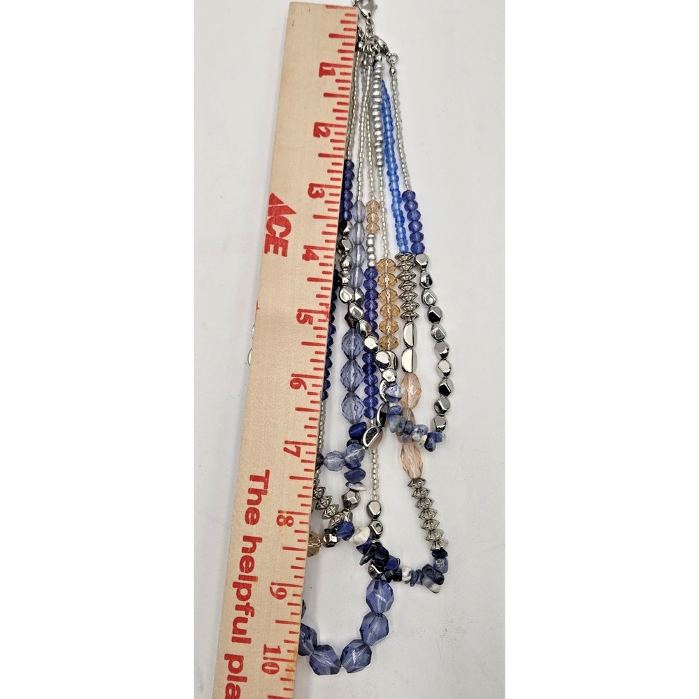 Layered Blue Silver-tone Clear Pale Peach Beaded Chunky Boho Adjustable Necklace - Picture 11 of 12